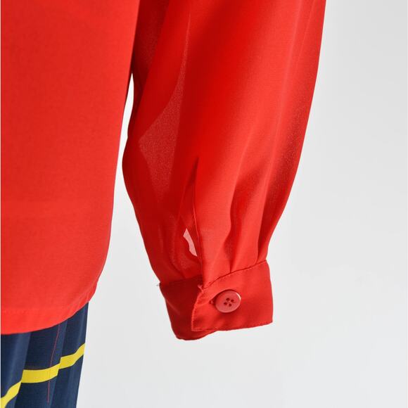 Vintage 80s Red Pleated Blouse Semi Sheer Top Collared Button Down Blouse M - Picture 7 of 8